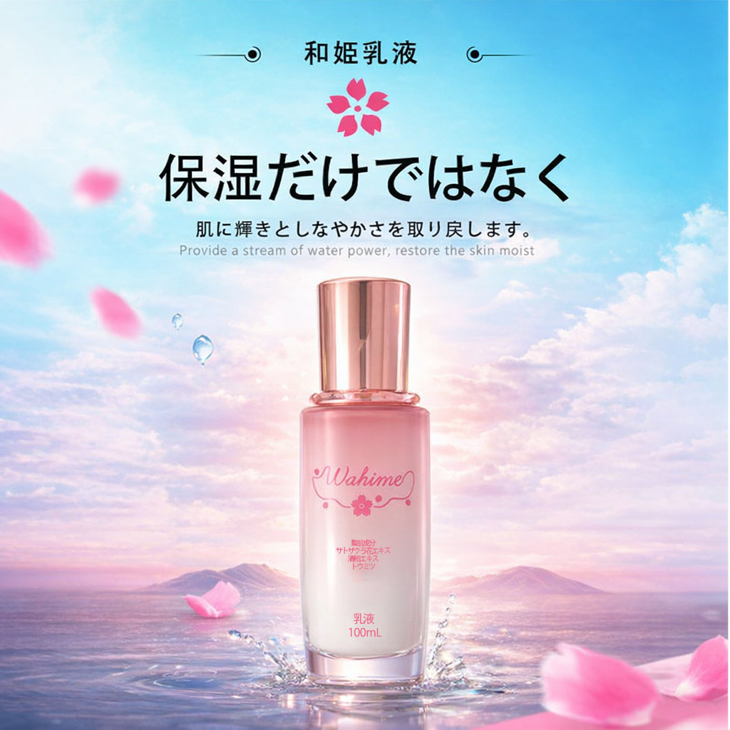 Wahime 乳液 保湿 エマルジョン 高保湿 乾燥対策 くすみ改善 美白ケア 水分保持 敏感肌対応 サクラエキス 酒粕エキス ドクダミ配合 和姫 100ml スキンケア